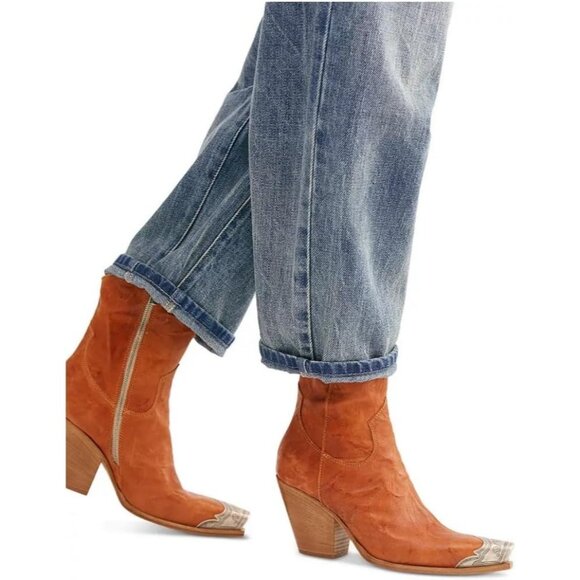 Women's Tan Western Cowgirl Ankle Boots Stacked Block Heel Steel Toe Heeled - Picture 7 of 7